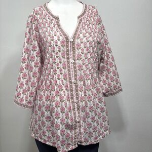 Ella Simone Tunic Womens Medium Floral Pintuck Pleat Cotton Boho
